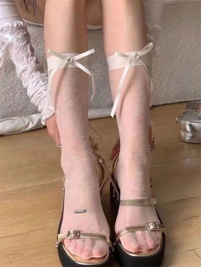 Product Introduction of New thin socks, summer ballet style, thin and versatile, rhinestone bow stockings, lace socks 2