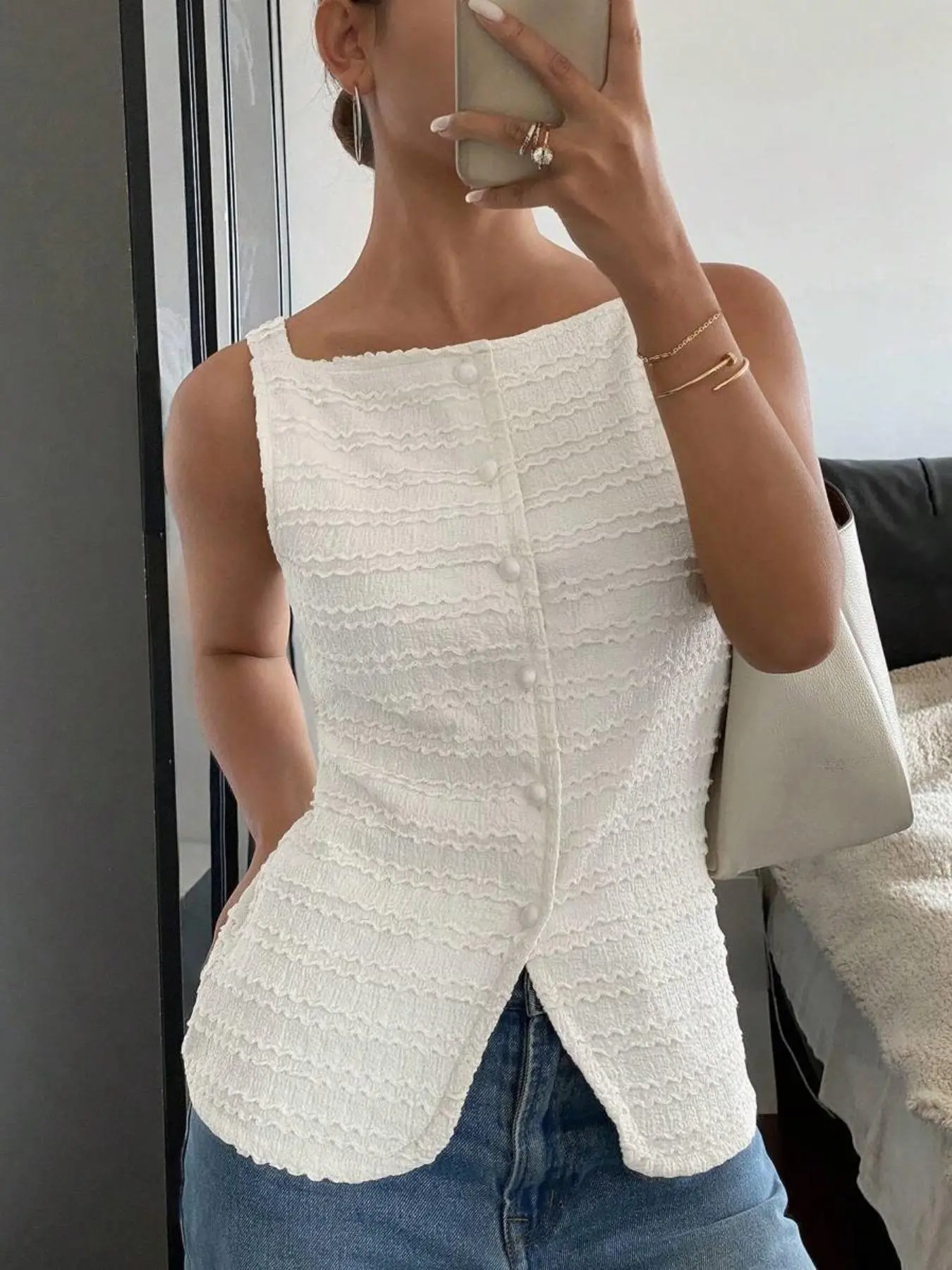 Women's Plain Jacquard Cami Top, Casual Sleeveless Button Front Top for Summer, Ladies Clothes for Daily Wear