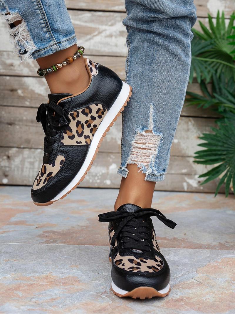 Product Introduction of Women's Fashion Leopard Print Lace Up Low Top Sneakers, Casual Comfortable Lightweight Sports Shoes, Female All-match Round Toe Shoes for Daily Wear 9