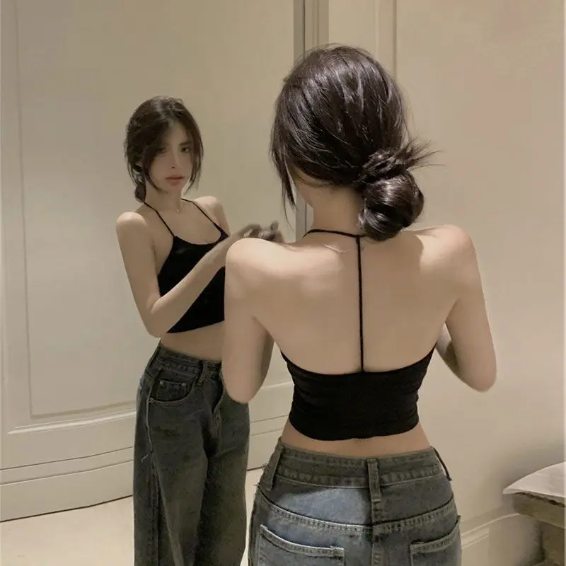 Áo Vest Hai Dây Nhỏ Cổ Yếm Kiểu Mỹ, Dành Cho Nữ, Có Đệm Ngực Cố Định, Lưng Đẹp, Có Thể Mặc Ngoài Trời Và Bên Trong, Màu Đen, Áo Gợi Cảm Cô Gái Nóng Bỏng Top Women