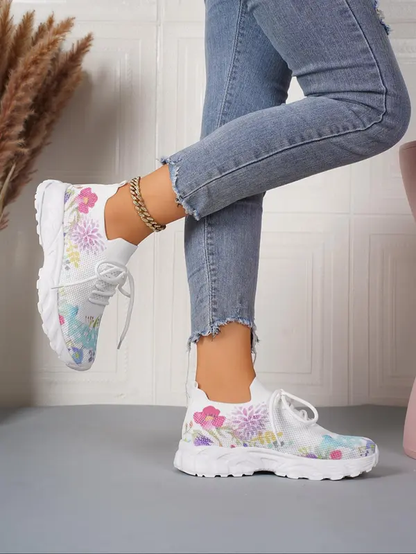 Women's Fashionable Floral Pattern Lace Up Low Top Sneakers, Casual Comfortable Breathable Sports Running Shoes, All-match Basic Shoes for Daily Wear 5