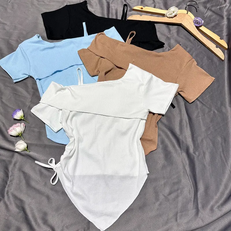 Áo thun TN nữ trễ vai lệch tà rút dây eo vạt nhọn Top Màu Trắng Cổ Tròn Nhung - Women áo  trễ xám 1 bên y2k Voi 5