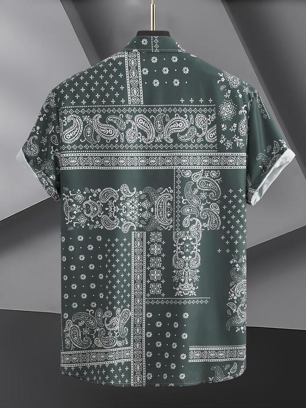 Men's Regular Fit Paisley Print Button Front Shirt, Summer Clothes, Boho Casual Short Sleeve Collared Top for Summer, Men's Clothes for Vacation Holiday Wear 5