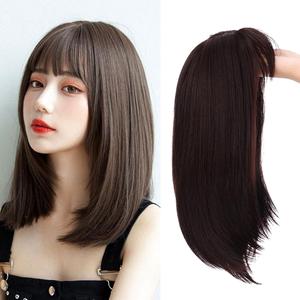 Korean Straight Wig for Women with Air Bangs Clavicle Wig Inside Buckle Lady Full Head Wigs