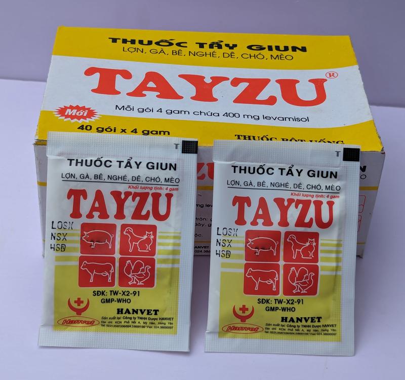 1 hộp 40 gói TAYZU 4g Dạng bột Chuyên dùng Tẩy giun cho lợn, gà, bê, nghé, dê, chó, mèo, chik cảnh - Công ty HanVet