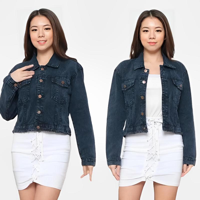lucretia -Jaket Jeans Crop Rawis Unfinished  Panjang Softjeans- Jaket Wanita Crop Rumbai-Jaket denim Crop Termurah - Pakaian Wanita Cewek Blazer outer 0