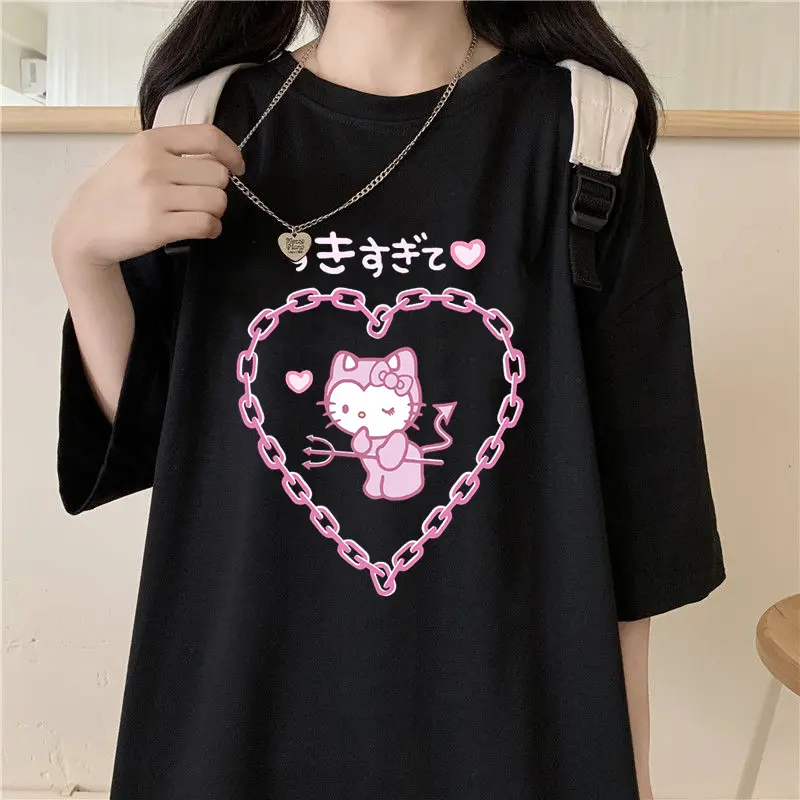 Cute Cartoon curmi Streetwear Japanese Harajuku Hello Kitty Kawaii Casual Tops Vintage Loose New T-shirt Female