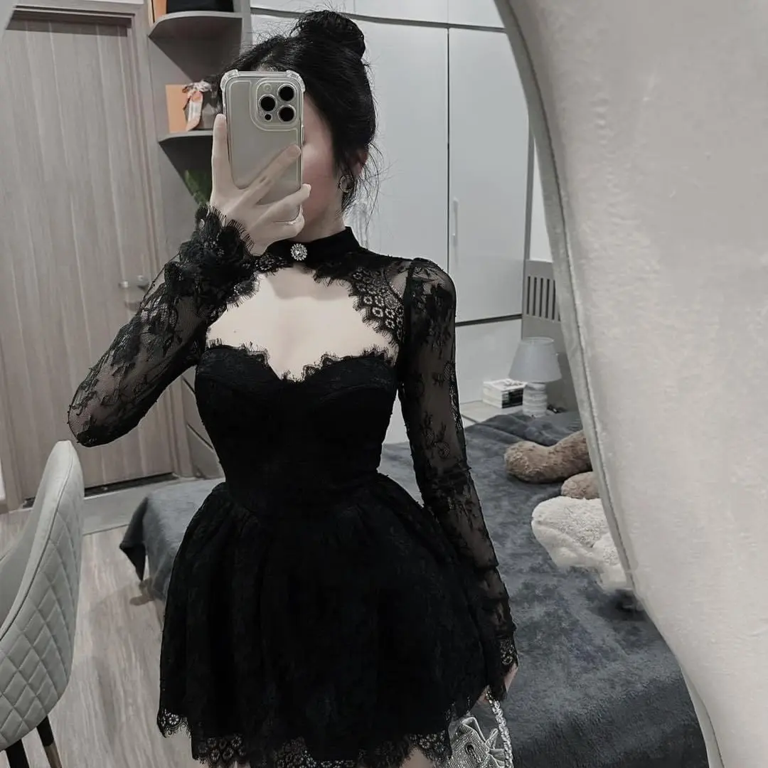 14467 - ĐẦM CÚP FULL REN MI -Gia Hân House-size M(>52kg-eo.70cm) - size L(>55kg-eo>75cm) Nữ Viền Ren Women Kem Dress Màu Đen