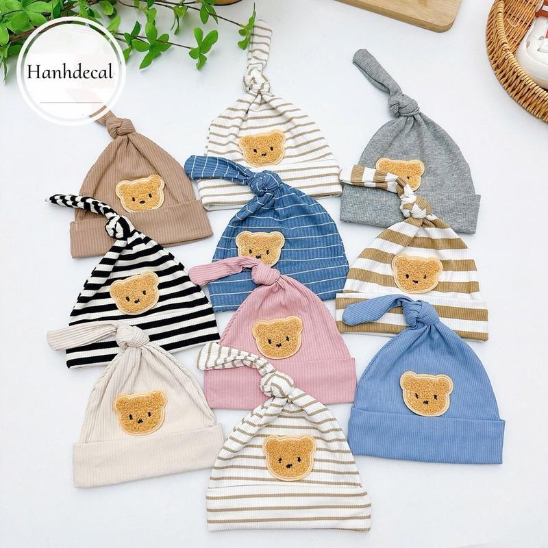 Mũ tỏi cotton đính Gấu phối kẻ dễ thương phong cách Hàn Quốc, co giãn cho bé sơ sinh Nón