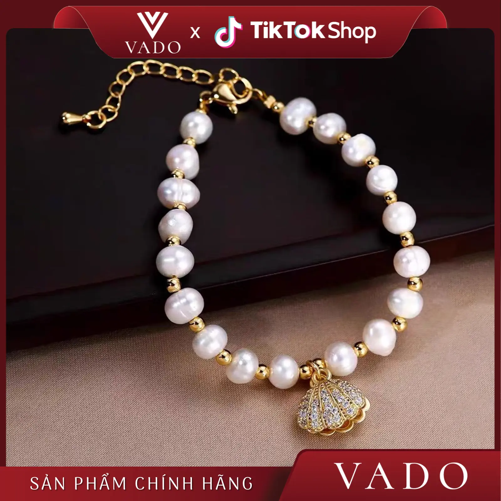 Vòng tay Ngọc Trai Trắng Charm Vỏ Sò Đính Đá - Phụ kiện thời trang sang trọng và cá tính