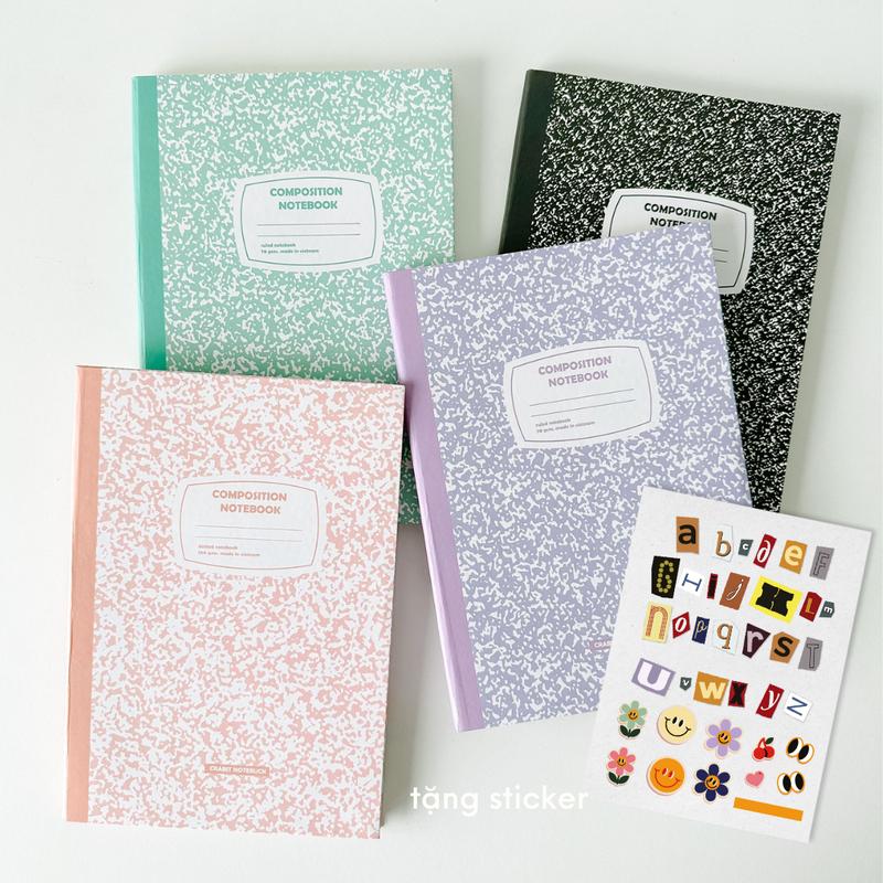 Vở 200 trang bìa bồi cứng ruột kẻ ngang chấm dot grid vở composition 70 100 GSM tặng kèm sticker Crabit Composition