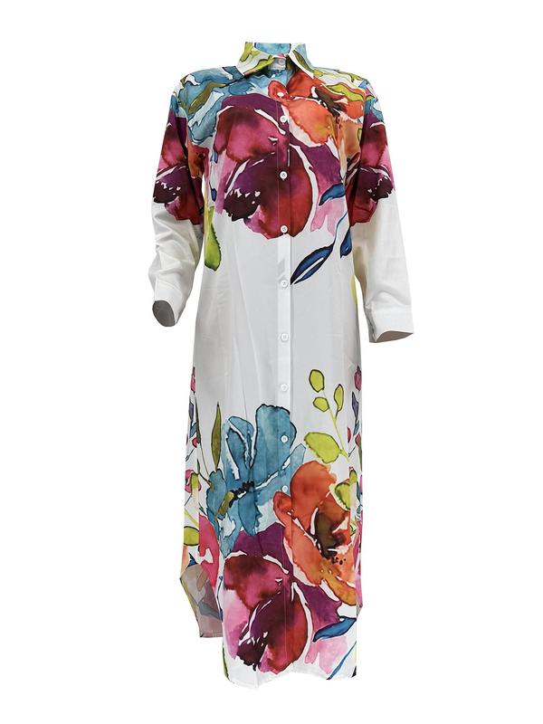 Women's All Over Print Button Front Asymmetrical Hem Long Shirt, Casual Long Sleeve Curved Hem Collared Top for Daily Outdoor Wear, Ladies Clothes for All Seasons 2