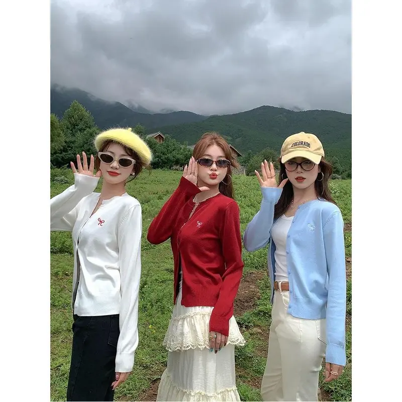 Áo Nữ Cardigan Len Mỏng Vintage Cho Nữ Thêu Nơ Mẫu Mới 2024 - Nhung, Women A413 Top 8
