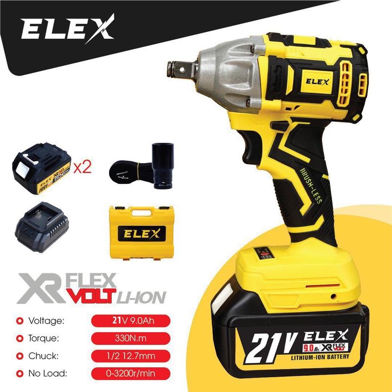 Máy Siết Bulong Elex 330N 21V, Máy bắn bulong Không ChổI Than Hàng Cao Cấp 2 pin 10 cell kèm xạc pin hộp nhựa bảo hành 6 tháng