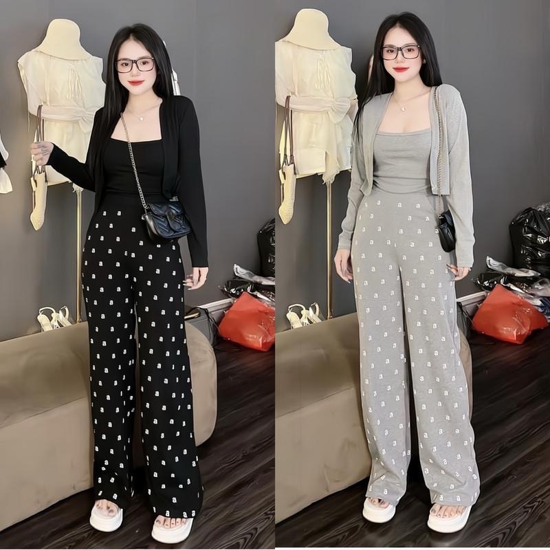 Bộ Thun Gân 3 Món In Chữ ( đọc kĩ mô tả ) Nữ Women mặc nhà, ủ kem Voi Áo Quần Đen set