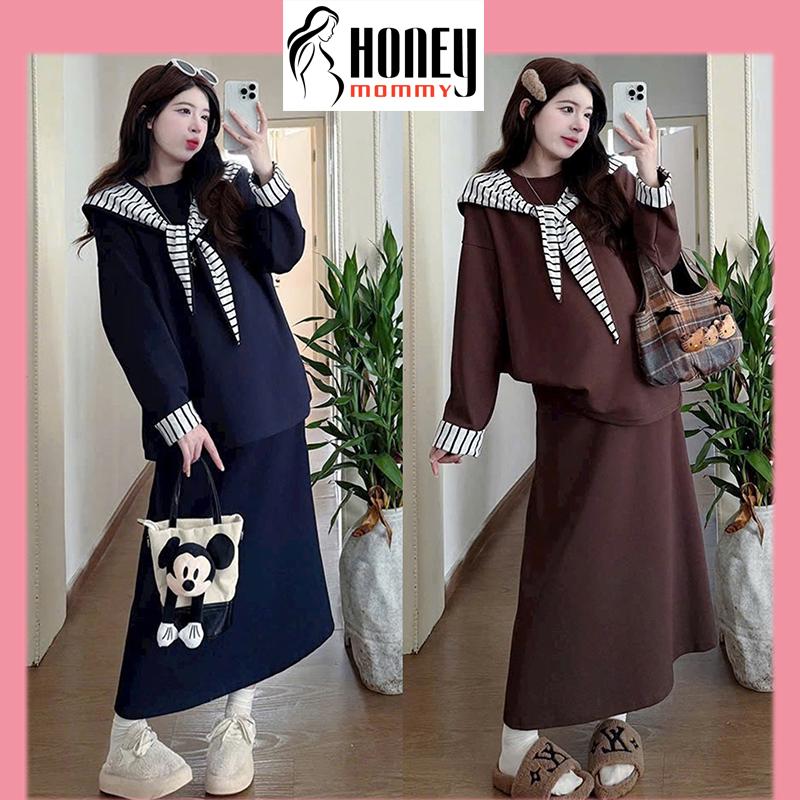 Set Váy Bầu Đầm Bầu Chất Nỉ Da Cá Tay Dài Cổ Thủy Thủ Có Mũ Năng Động Cá Tính Mặc Đi Cafe Đi Chụp Ảnh HD3252 Honey Mommy