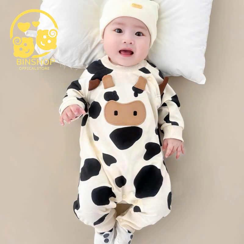 Body dài tay cho bé gái bé trai Hình Bò Sữa đáng yêu, Bodysuit cho bé chất Cotton mềm mịn, Quần áo trẻ sơ sinh từ 3-12kg Vải Cotton Jumpsuit