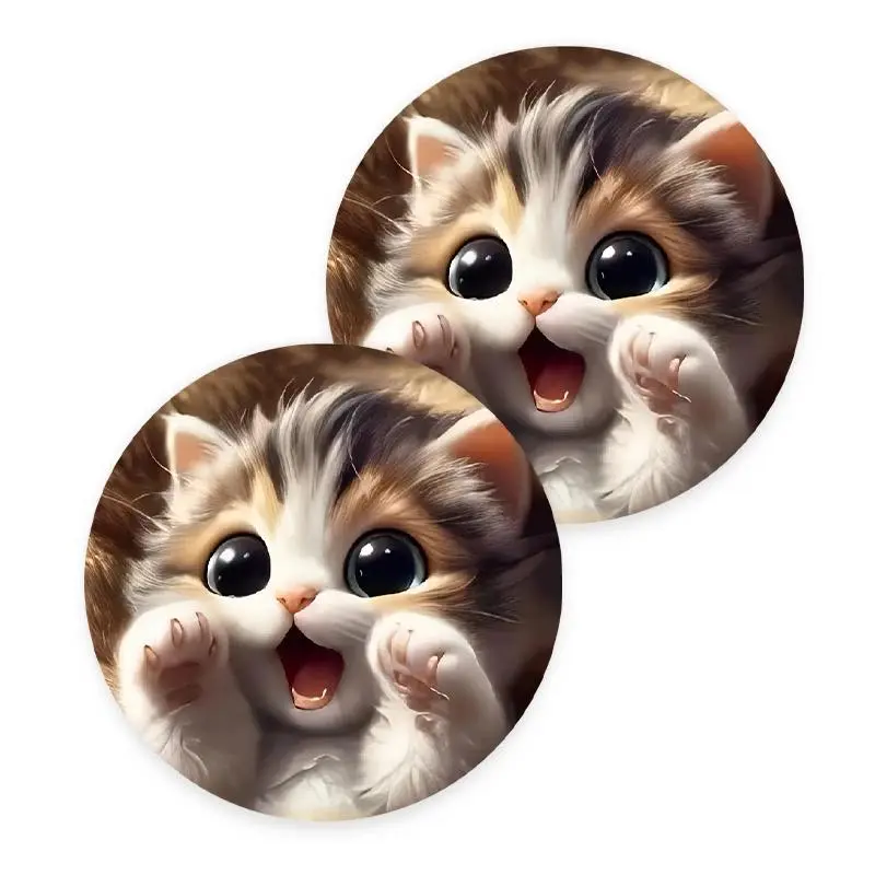 Cute Cat Pattern Car Coaster, Round Anti-slip Car Cup Holder Pad, Car Interior Decoration Accessories for Women & Men