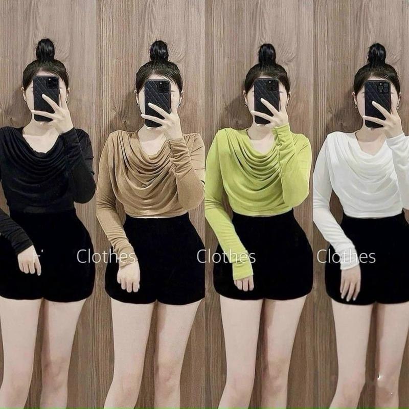 B9_ Áo cổ đổ thun nhũ tay dài fom ôm body Nữ