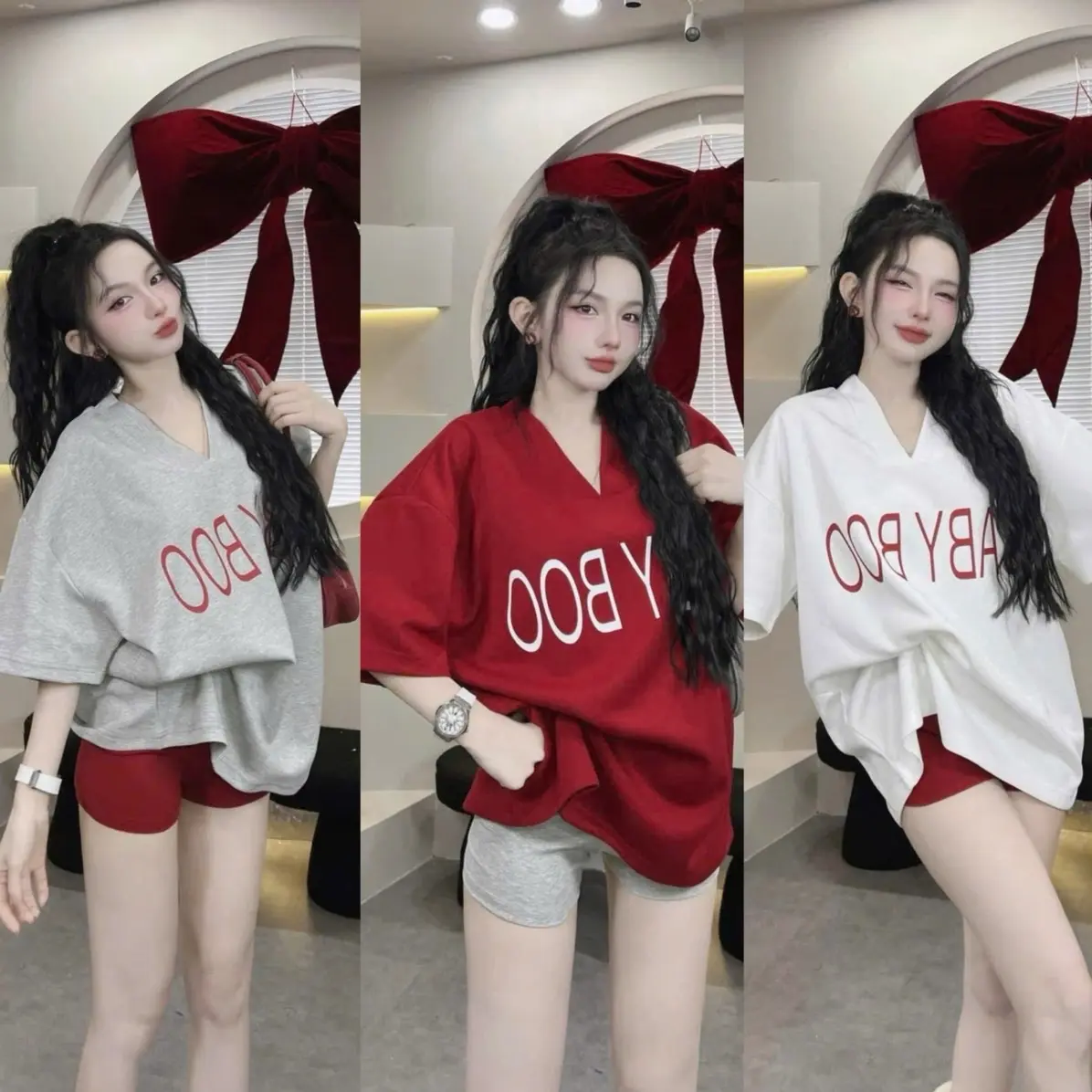 Set Áo Thun Cổ Tim BabyBoo Phối Quần Ngố Borip 4 Màu Siêu Hot Nữ Top Women