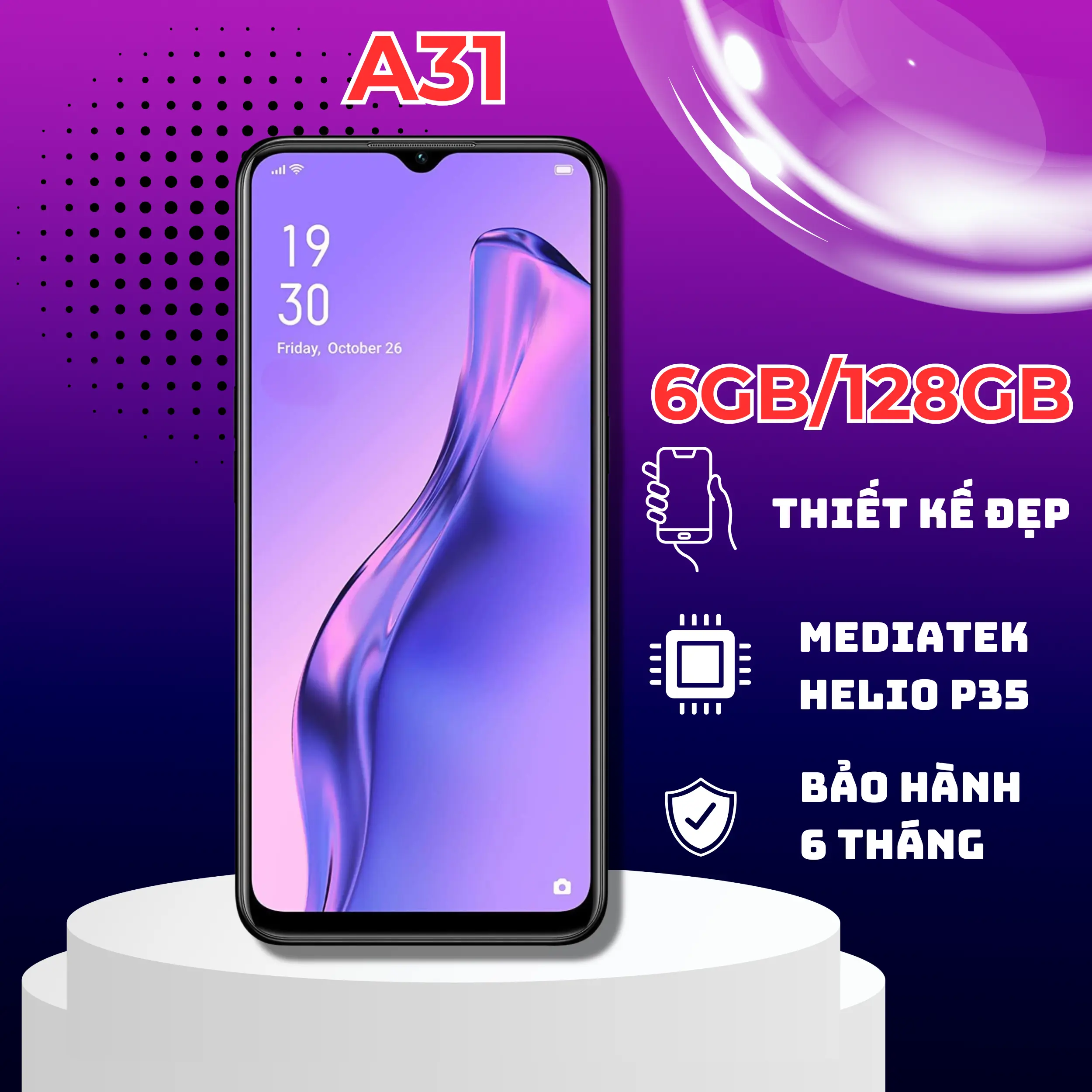 Điện thoại OP A31 6/128 kèm cường lực, ốp lưng bảo hành 06 tháng.