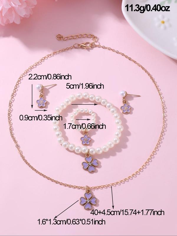 Cute Four-leaf Clover Design Faux Pearl Decorated Jewelry Set, Fashion Necklace Earrings Ring Bracelet for Girls, Trendy All-match & Exquisite Jewelry for Birthday Gift 3