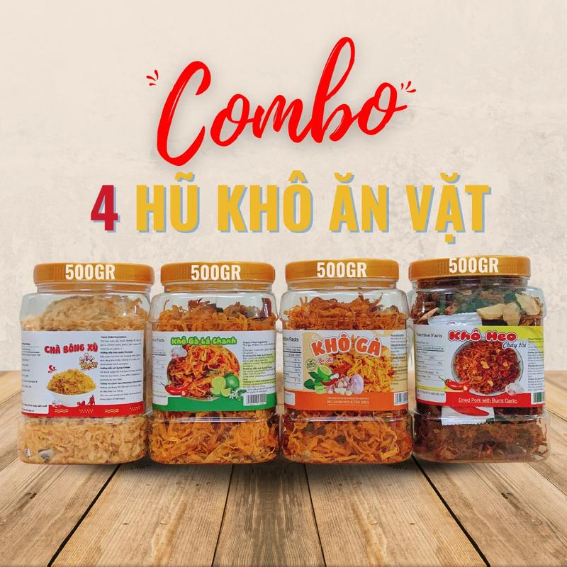  Combo 4 hũ Khô ăn vặt   Chà bông xù + Khô gà lá chanh + Khô gà bơ tỏi + Khô heo cháy tỏi   - Ăn vặt snack Food 
