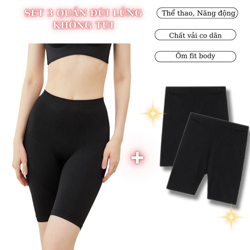 Set 3 Quần Đùi Lửng Trên Gối Ôm Fit Body, Biker Short Tập Gym Thể Thao Yoga Erobic Co dãn Vải Mềm Thoáng Khí (cạp 4cm không túi) Legging Ngố Thun Cotton