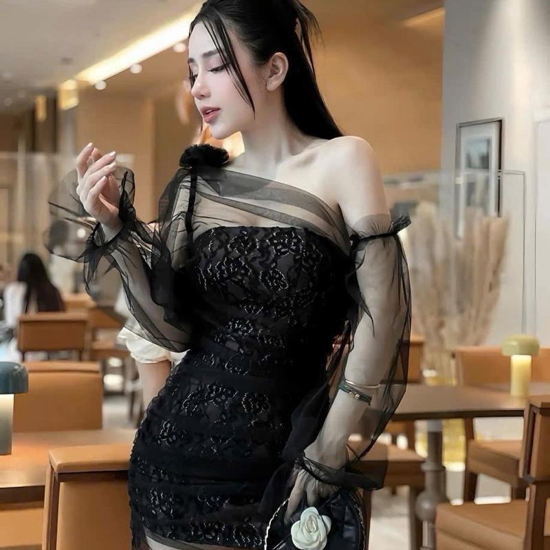 Đầm body ren phối lưới < 60kg màu xám, đen y hình đi tiệc giá rẻ 3
