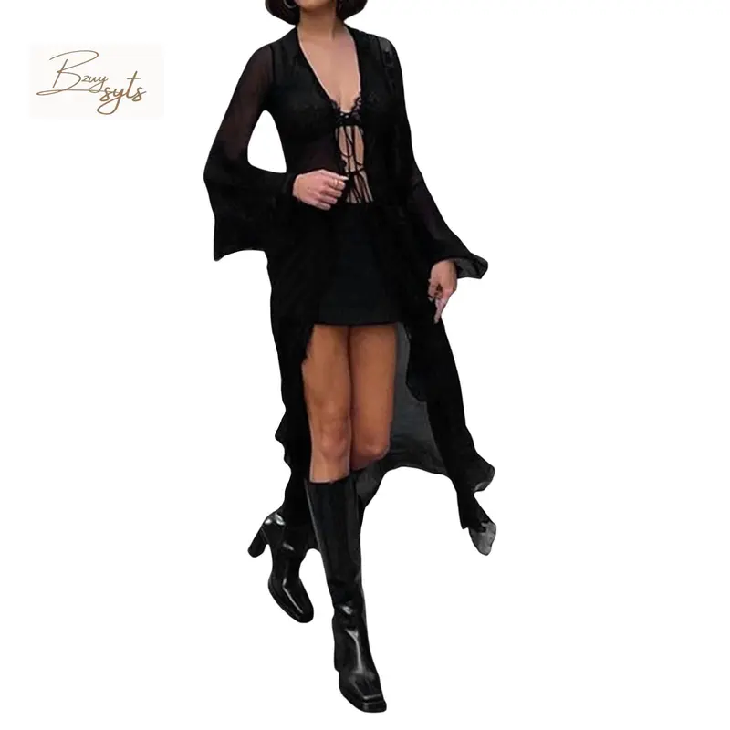 Áo Cardigan Dài Buộc Dây Mùa Hè, Dành Cho Nữ, Màu Đen, Dài Tay, Hở Trước, Phong Cách Thời Trang Đường Phố 5