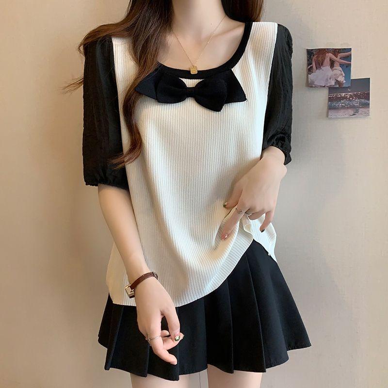 Product Introduction of Plus Size French Square Collar Niche Belly Covering Children Summer Fat Sister Show Stitching Fake Two Pieces Casual Bottoming Shirt 1