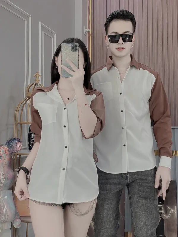 Áo sơ mi nam nữ dày tai,Áo cặp nam nữ dài tay phối màu form đẹp chất vải mango dày dặn mẫu mới nhất Hót Trend Menswear Shirt Có Cổ 1