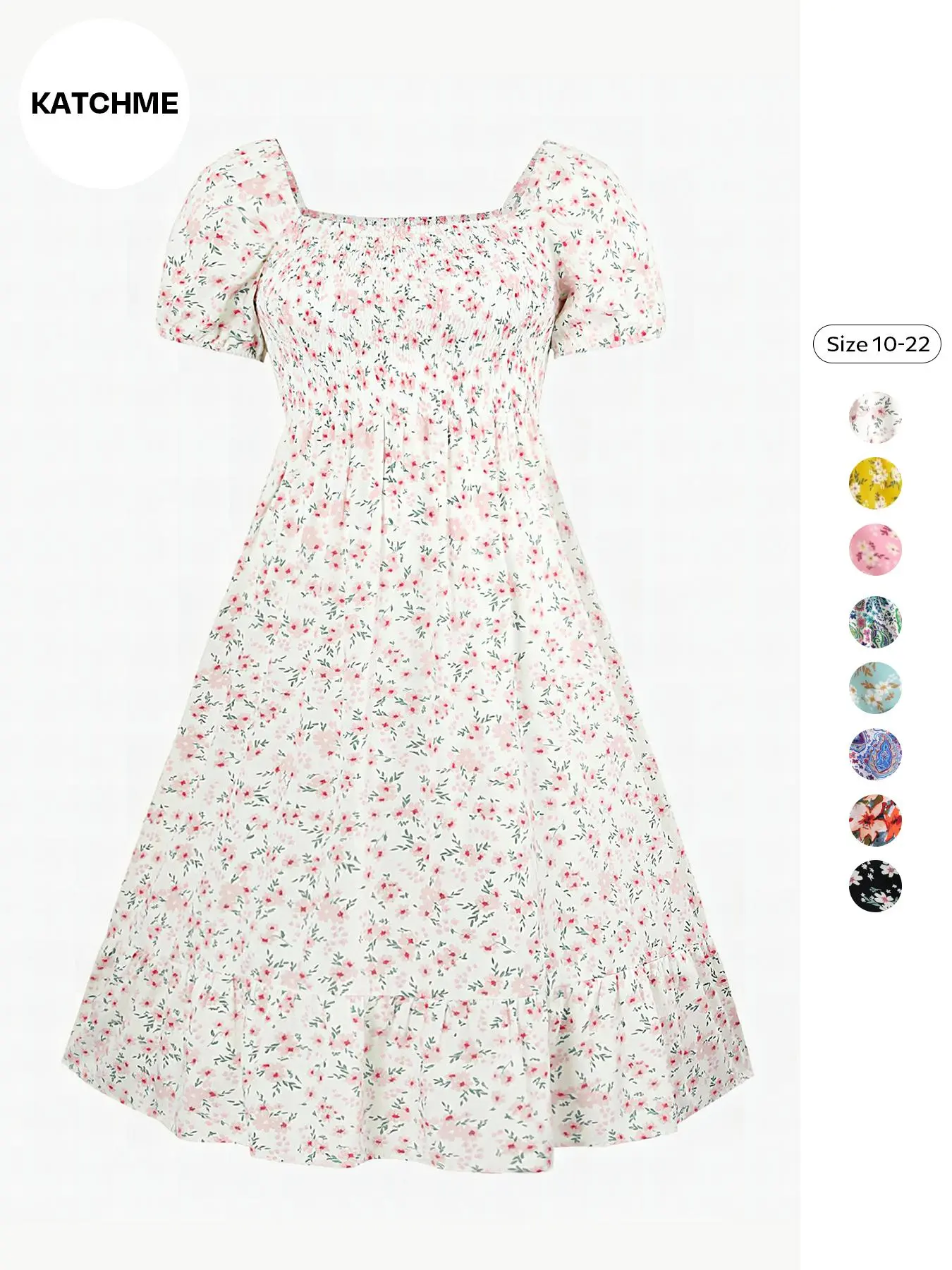 【Plus Size】 Ditsy Floral Print Shirred Dress, Boho Fashion Casual Short Sleeve Dress for Daily Holiday Vacation Wear, Women Plus Clothing for All Seasons
