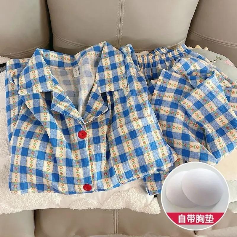 Đệm mỏng_  Bộ ngủ Thô mây dài tay caro cổ vest basic mềm mát mặc nhà pijama nữ 2