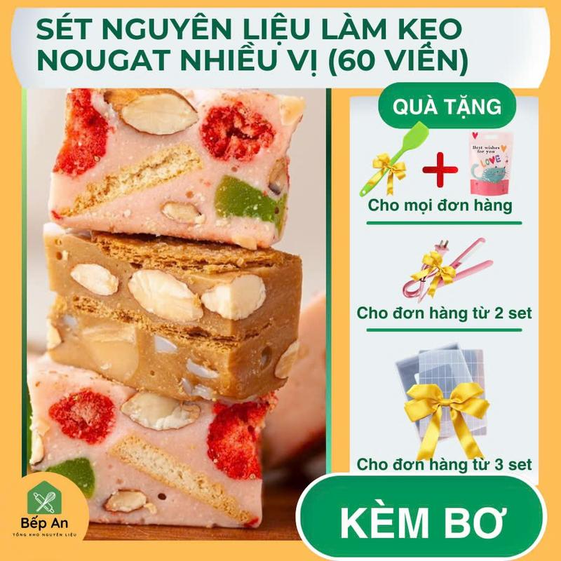Set Nguyên liệu làm Nougat - Kẹo Hạnh phúc 60 viên kèm bơ lạt - Tặng phới dẹt