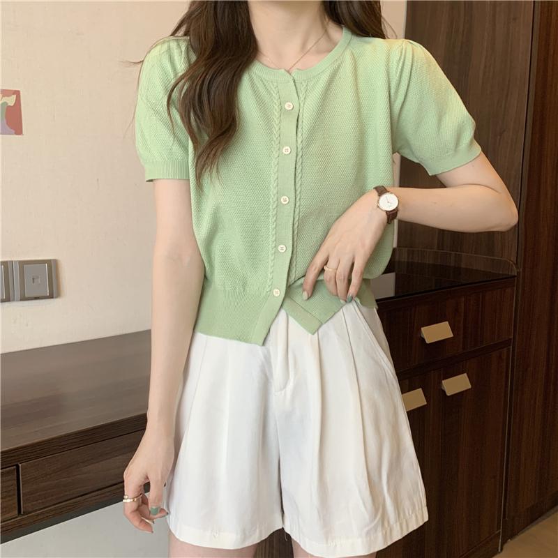 Product Introduction of Áo Thun ngắn Tay Phong Cách Mới Mùa Hè, Cổ Chữ O, Dễ Phối Đồ Dành Cho Nữ, Ngắn Ngắn Tay, Một Hàng Cúc, Áo Cardigan Dệt Kim, Đơn Giản 25