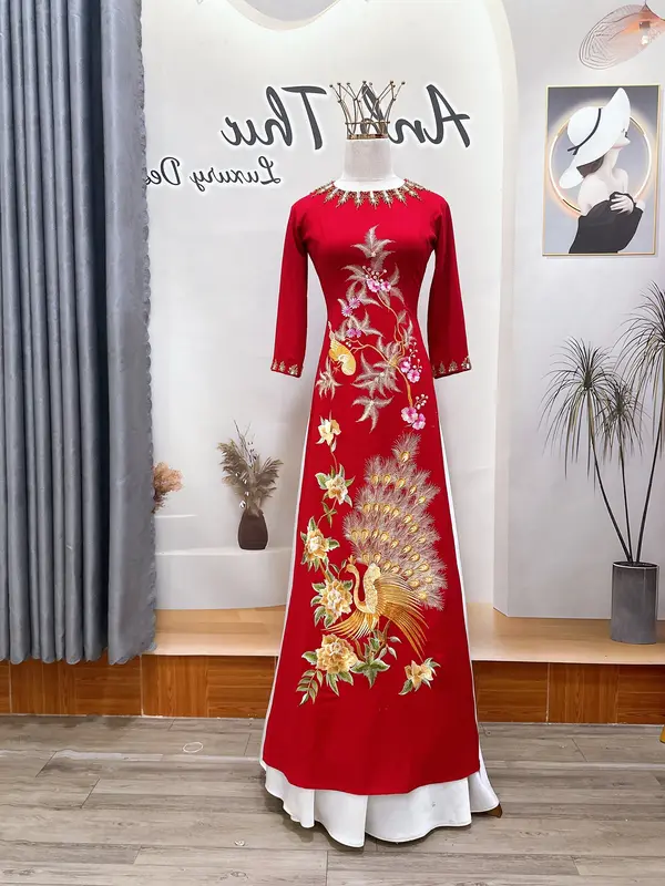 Áo dài mẹ sui vải lụa mango thêu hoa đào đính kết sang trọng nổi bật 2