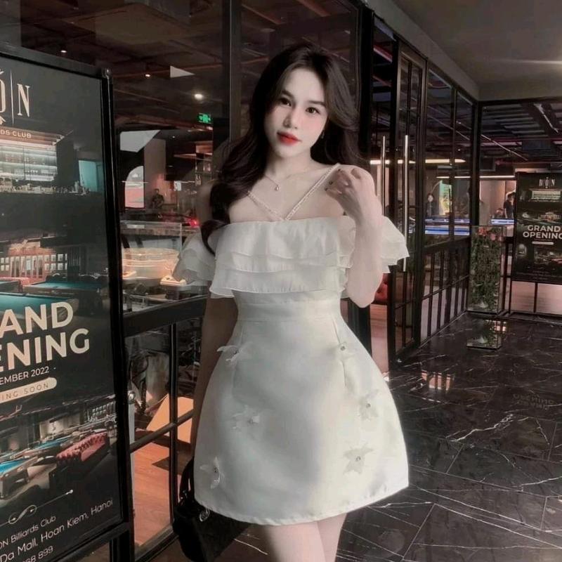  Đầm trễ vai trắng đẹp. Váy tafta trễ vai bèo 3 tầng. Váy đẹp chụp ảnh Nữ 