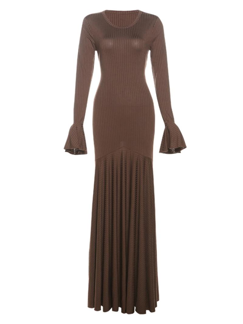 Product Introduction of Women's Plain Lace Up Flounce Sleeve Dress, Casual Round Neck Long Sleeve Maxi Dress for Spring & Fall, Women's Clothing for Daily Wear, Long Sleeve Dresses 4