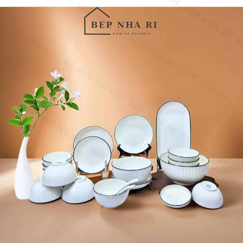 [ BepNhaRi ] Bộ Bát Đĩa trắng viền đen ( đĩa bầu dục ) - Gốm Sứ loại 1 -Decor nhà cửa