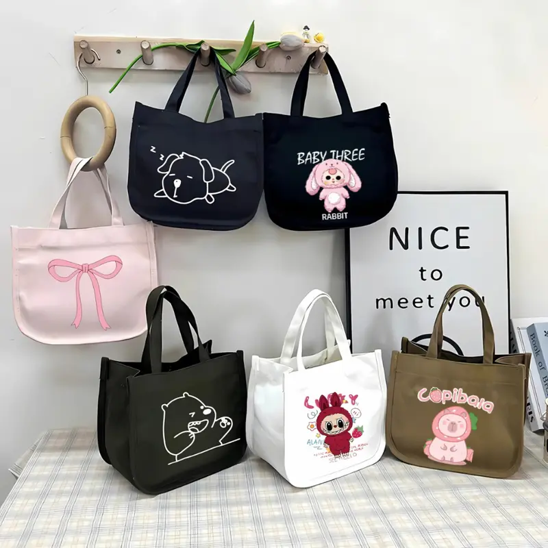 Túi mini đa năng đựng cơm,đựng mỹ phẩm sức chứa lớn vải Canvas phong cách Nhật Bản hoạ tiết Labubu Bag Hoa HAT131 3