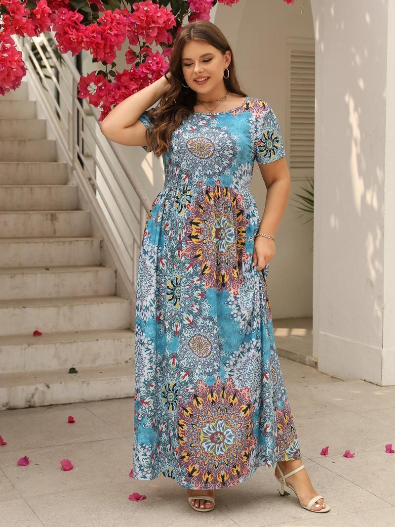 Product Introduction of Plus Size Ethnic Pattern Pocket Round Neck A Line Dress, Summer Clothes Women, Dresses Summer, Boho Short Sleeve High Waist Long Dress for Beach Holiday Vacation, Women's Clothes for Summer 16