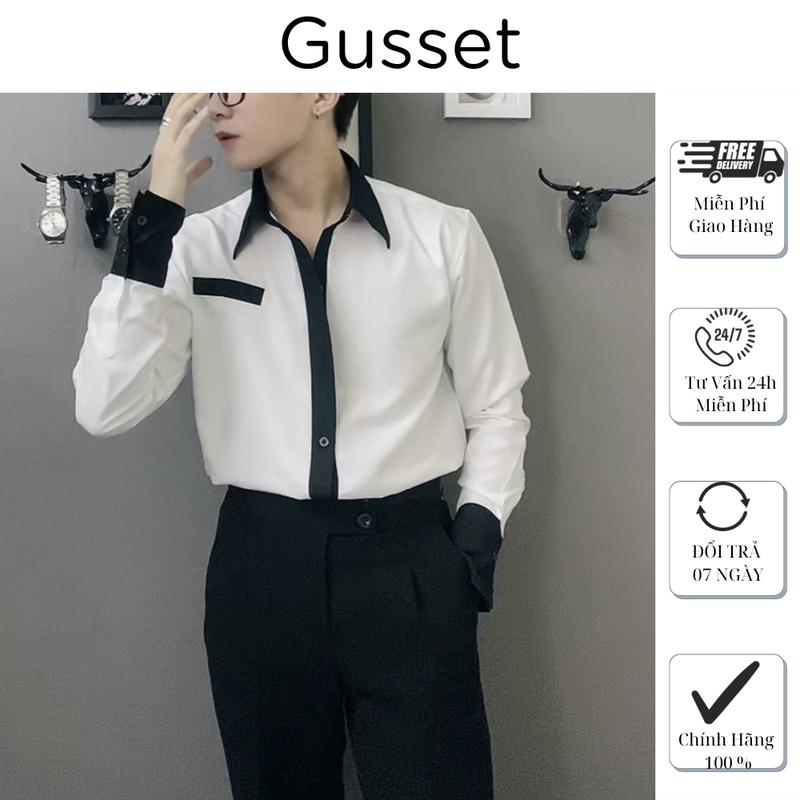 Áo sơ mi nam vải cotton lạnh 2 màu đen trắng phối túi, cổ tay GUSSET MEN SMP03 1