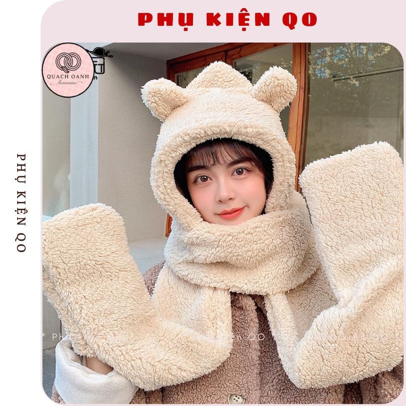 Mũ Len Tai Gấu Women Trùm Đầu Kèm Khăn Và Bao Tai 3 Trong 1 Siêu Xinh Kiểu Dáng Mũ Lông Cừu Dày Mịn Ấm Áp KH16 Hat Cap