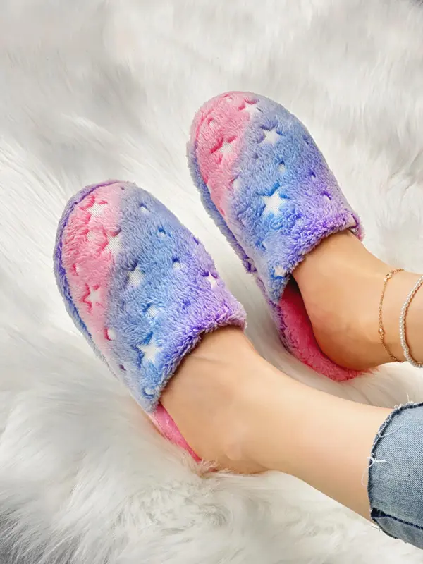 Women's Cute Fluffy Slippers, Trendy Ombre Star Design Plush Fuzzy Slippers, Fashion Soft Warm Cozy Bedroom Slippers for Daily Use 3