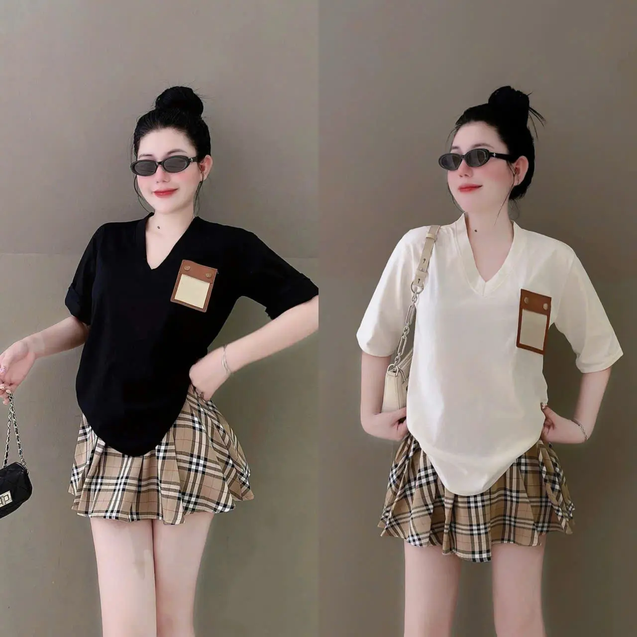 Sét áo thun cổ tim cộc tay 2 màu xinh xắn Hót Hit 2025 mix chân váy tôn dáng sang chảnh cá tính - Nữ - TOP WOMEN