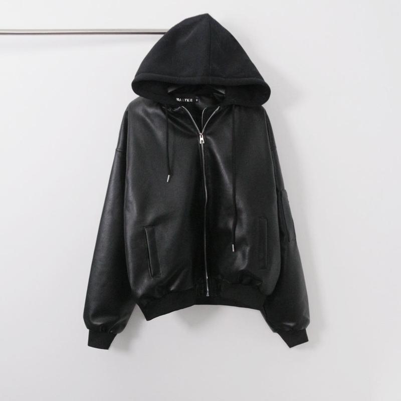 Áo khoác bomber da mũ chùm khoá tay KPis Clothes