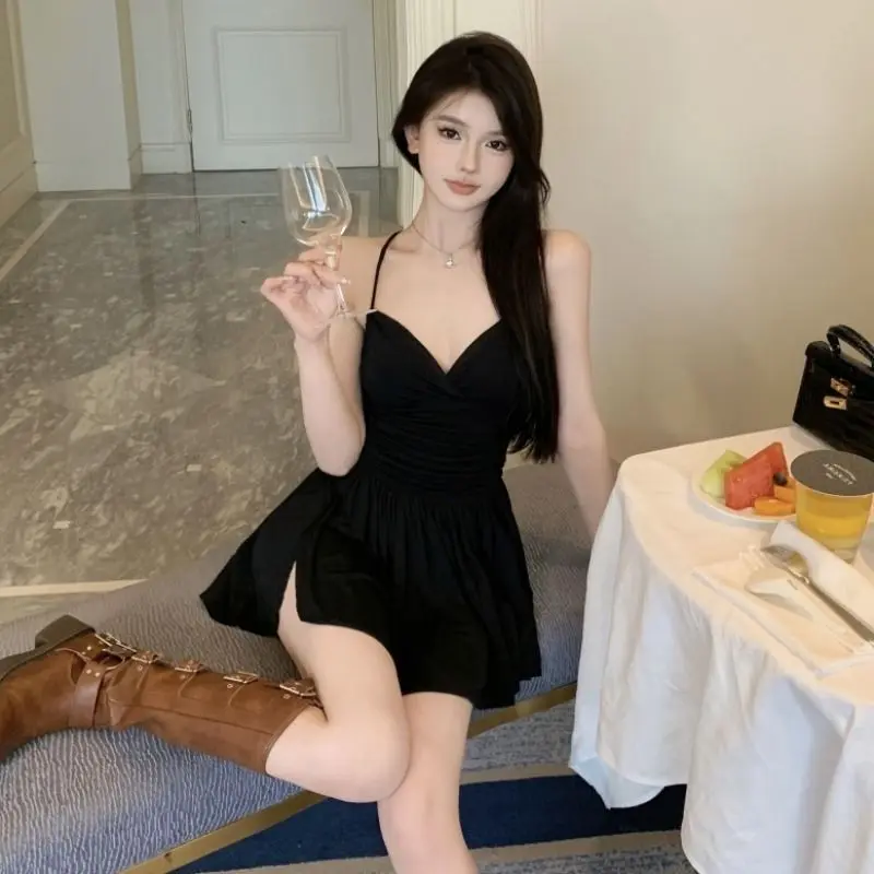 Váy Hai Dây Hở Lưng Cổ Chữ V, Phong Cách Dễ Thương Và Gợi Cảm, Phong Cách Thái Lan, Váy Đen Thanh Lịch, Cỡ Nhỏ Thích Hợp Cho Mùa Hè, Váy Gợi Cảm Cho Nữ