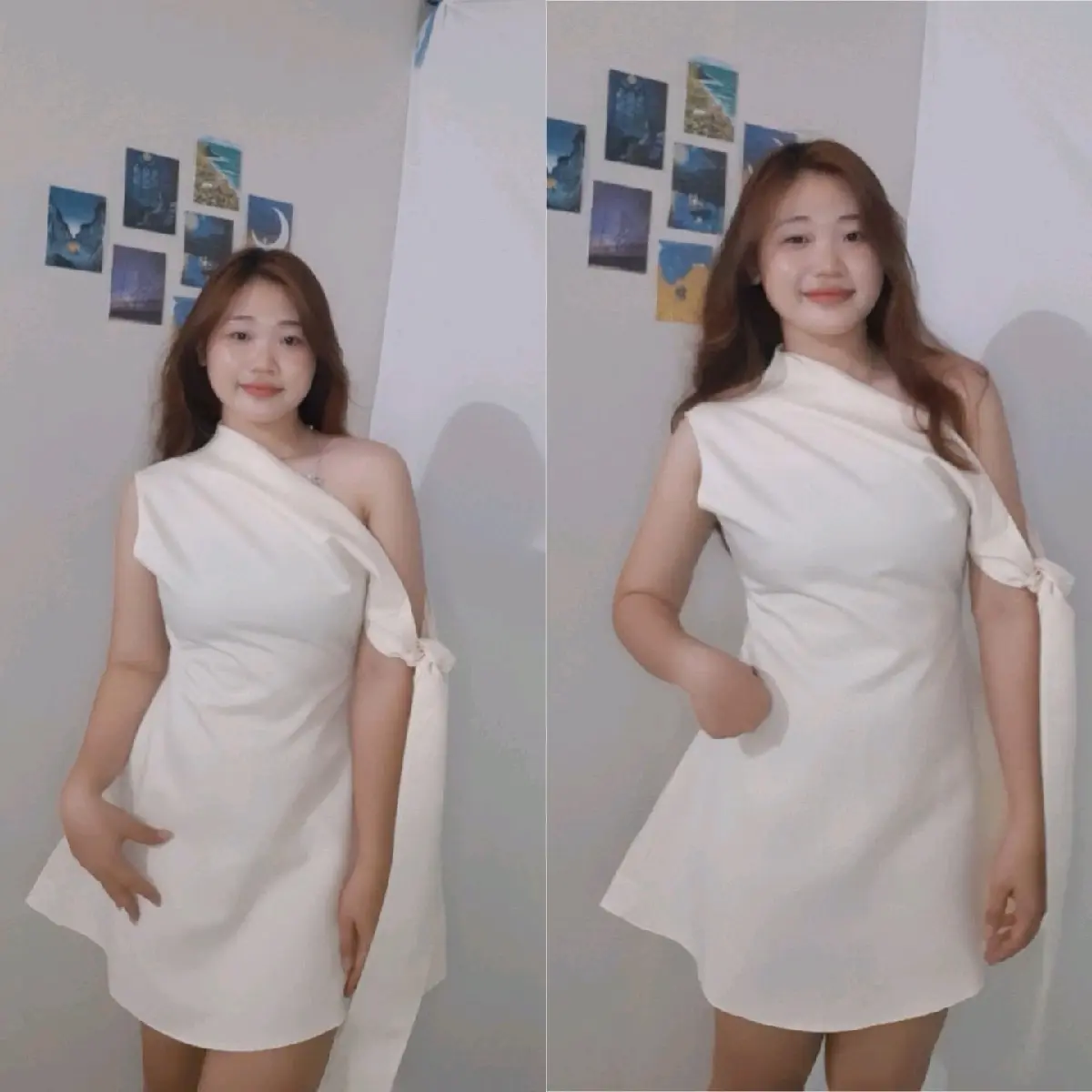 (ảnh Tamia.store)đầm chất tafta dáng ngắn thiết kế lệch vai cho nữ