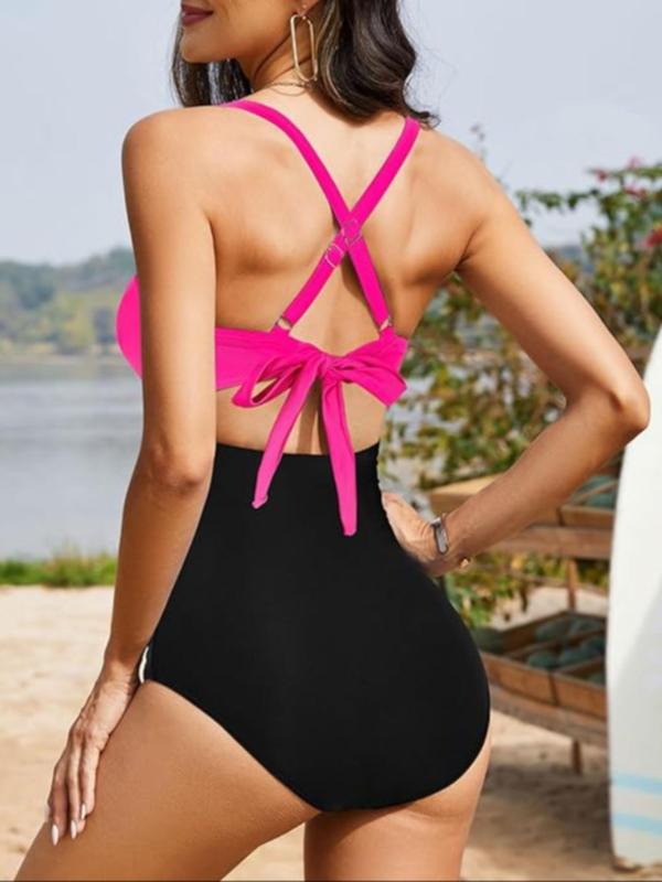 Women's Colorblock Print Criss Cross Cut Out Ruched One-Piece Cami Swimsuit, Casual Chic Sweetheart Neck Tie Back Sleeveless Swimwear, Ladies Summer Swimsuit for Beach Holiday Vacation 3